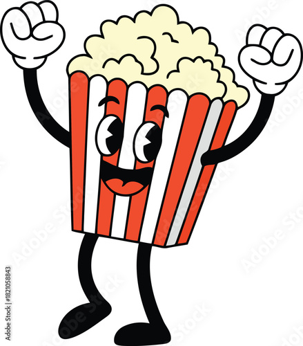 Excited retro cartoon popcorn character cheering with raised arms