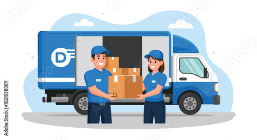Reliable delivery service team handling packages with care, ensuring prompt and secure shipping from our modern blue delivery truck