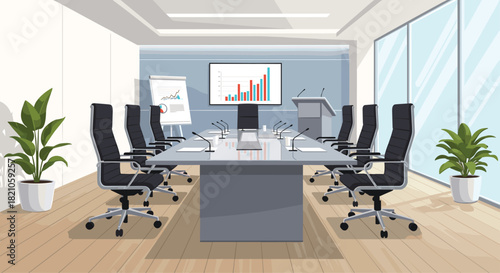 Modern boardroom awaits corporate meetings with a presentation screen and natural light, perfect for discussing strategy and sealing the deal now