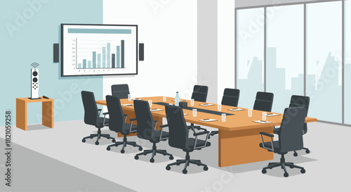 Modern corporate meeting room ready for productive discussions and strategic planning with data display and city views through expansive windows