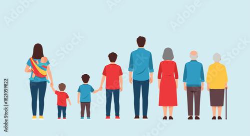 Multi-generational family representing different life stages from infant to senior, showing love and connection across diverse ages