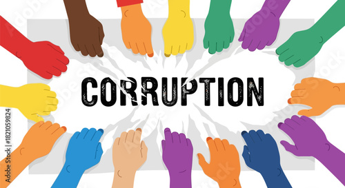 Diverse hands united against corruption representing global collaboration to eradicate unethical
