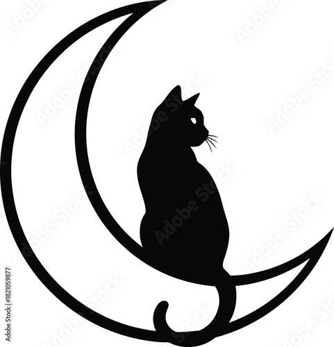 Black cat silhouette sitting on a crescent moon, isolated on white background.