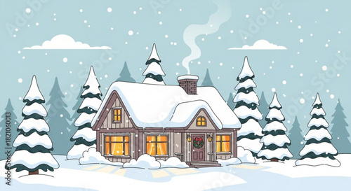 Charming snow covered cottage in winter wonderland, inviting warmth, festive cheer, cozy holiday season, family home, Christmas spirit, vector illustration