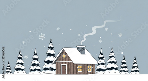 Cozy winter cabin retreat nestled among snow-covered evergreen trees, smoke rising from chimney, a peaceful holiday getaway in the frosty landscape