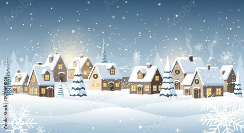 Dreamy winter village scene with snow-covered houses and festive wreaths, perfect for holiday greetings, seasonal promotions, and creating a cozy atmosphere