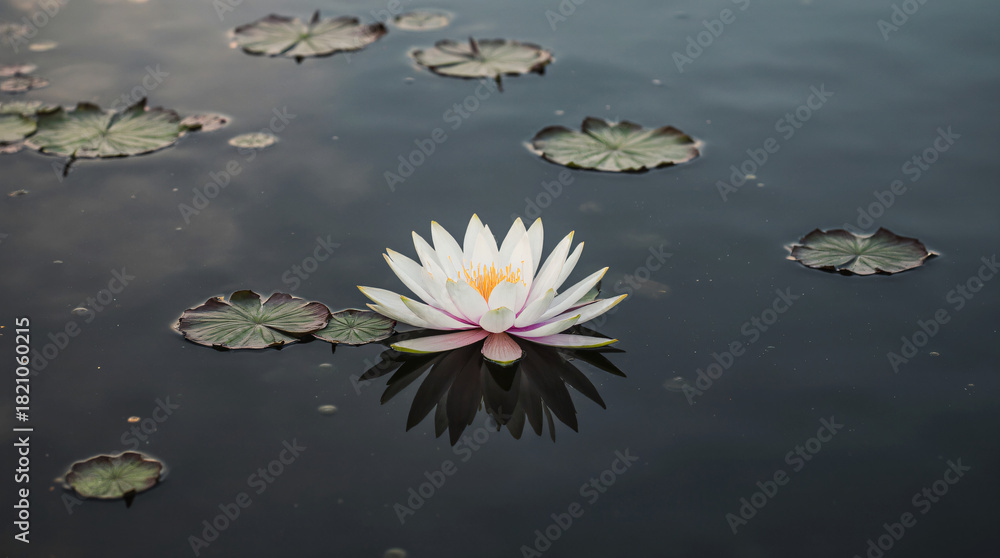 Fototapeta premium Fleur de lotus blanche immaculée flottant dans une eau sombre et calme, avec reflet.