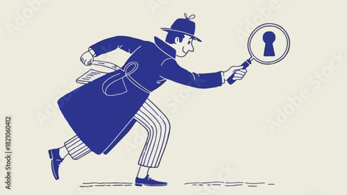 A whimsical cartoon detective character wearing a blue trench coat holding a magnifying glass and looking curious perfect for mystery or investigation themes