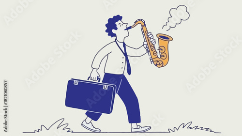 A whimsical musician in a vibrant blue suit carrying a case perfect for music events promotions or entertainment themed advertisements and banners