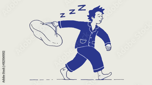 Whimsical character design of a person in blue pajamas sleepwalking with arms outstretched rendered in a clean modern illustration style with vibrant colors and clear outlines