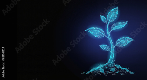 Futuristic glowing plant sprout in a low poly wireframe style. A concept for digital growth, technology, sustainability, and nature.