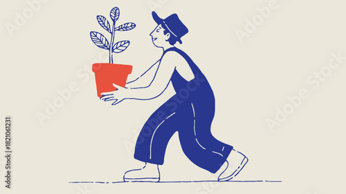Stylized illustration of a person in blue overalls carrying an object rendered in a vibrant cmyk color palette with clean lines and modern design elements