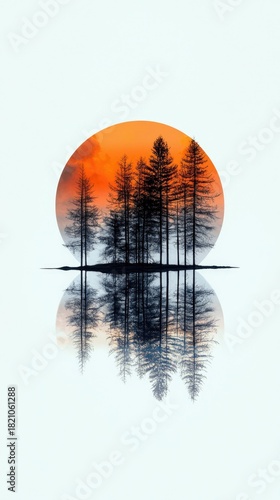 A striking silhouette of a forest of pine trees is set against a vibrant, fiery orange and red sunset. The scene is mirrored in the calm water below, creating a