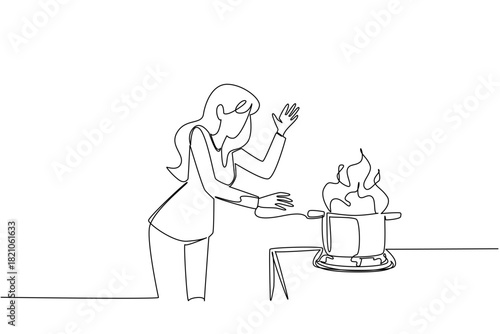 One line drawing of a woman recoiling in surprise and alarm as a burning saucepan pot on the stove catches fire, show sudden kitchen mishaps. Flaming incident. National Kitchen Klutzes of America Day.