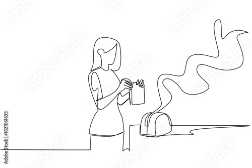 Single line draw of a woman looking confused and panicked as smoke billows from a toaster next to her, show burnt toast or other small kitchen failures. National Kitchen Klutzes of America Day event