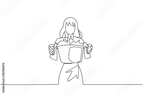 Woman holds a dripping mixer bowl in continuous line draw, celebrating National Kitchen Klutzes of America Day with a safety concept, portraying spill, mess, cleanup, caution, and learning.