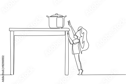 One line drawing of a young girl standing on tiptoes, stretching to reach a pot on a high shelf. Common kitchen challenge or potential mishap of reaching household from high table. Kitchen Klutzes Day