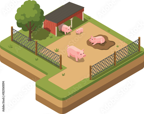Isometric pig farm with loafing shed