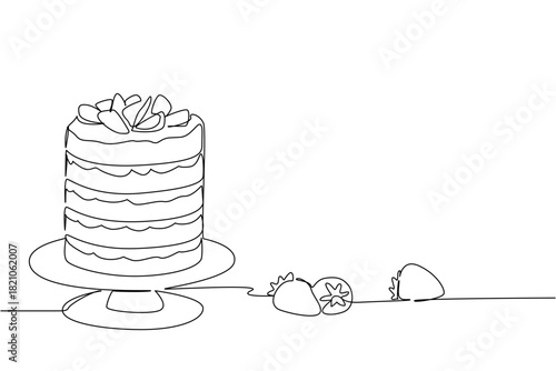 One line drawing of a tall, multi layered strawberry shortcake on a cake stand, with whole strawberries alongside, emphasizing its grandeur and fresh ingredients. Strawberry Shortcake Day event