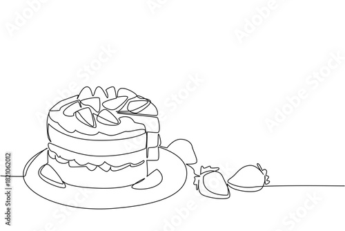 Continuous line drawing of a round, layered strawberry shortcake on a plate, with several loose strawberries beside it, suggesting readiness to be enjoyed. National Strawberry Shortcake Day event