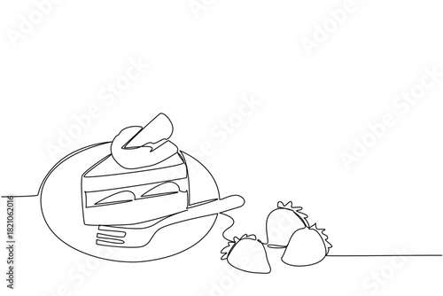 Single line drawing of a slice of strawberry shortcake with missing slice on a plate with a fork and loose strawberries, indicating it's ready to be eaten. National Strawberry Shortcake Day event.