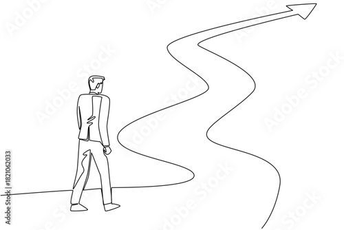 One line draw of businessman standing, looking at a long, winding and zigzag path that leads upward and ends in an arrow. Challenging journey toward success. National Productive Business Civility Day