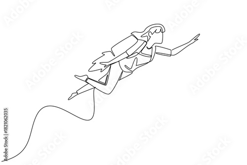 Single line drawing of a businesswoman flying upwards with a jetpack on her back, symbolizing rapid career advancement, momentum, innovation, and ambition. National Productive Business Civility Day