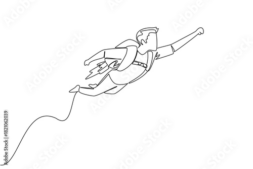 Continuous line drawing of a businessman flying upwards with a jetpack on his back, representing quick career progression and accelerated success. National Productive Business Civility Day
