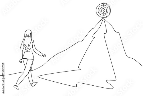 Woman approaches mountain with bullseye target board in continuous line draw, celebrating National Productive Business Civility Day. Business concept, reinforcing alignment, objective and achievement