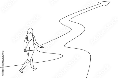 Woman follows a winding arrow road in single line draw. National Productive Business Civility Day with a business concept, emphasizing respect, clarity, vision, and collaborative progress toward goals