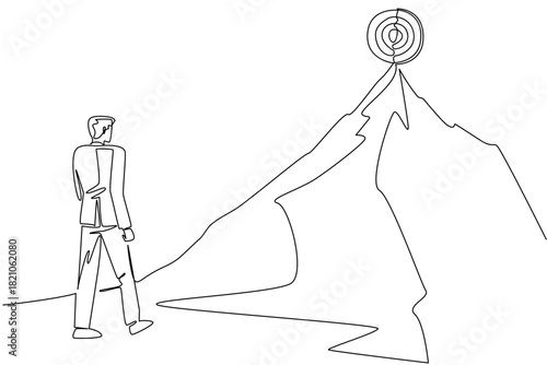 Continuous line drawing of a businessman looking up at a target board bullseye placed on the peak of a high, jagged mountain. Challenging goal or objective. National Productive Business Civility Day
