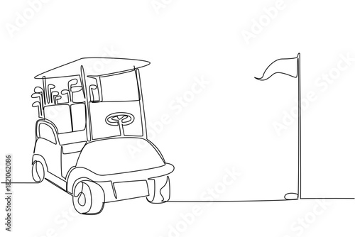 Continuous line drawing of a golf cart with clubs in the back, facing a flagstick on a golf course, symbolizing the sport and leisurely activity. National Golf Cart Day event.