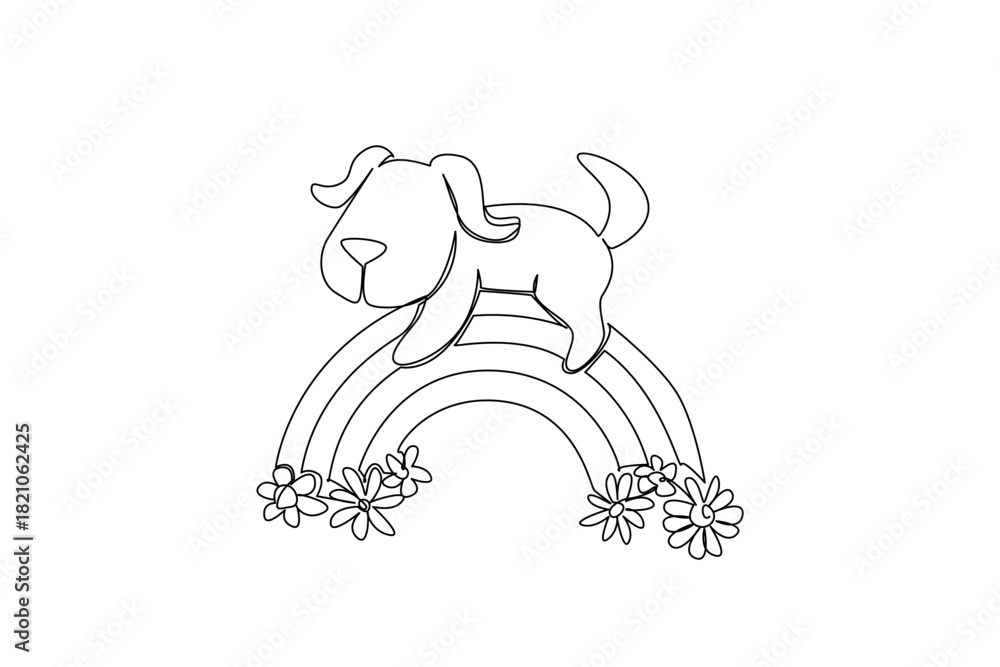 Obraz premium A friendly puppy hugs a rainbow with daisies in continuous line drawing, tailored for kids theme with a nature. Capturing joy, fantasy, imagination, and sweet nursery decoration. Cute dog concept