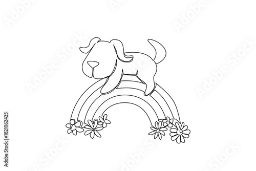 A friendly puppy hugs a rainbow with daisies in continuous line drawing, tailored for kids theme with a nature. Capturing joy, fantasy, imagination, and sweet nursery decoration. Cute dog concept