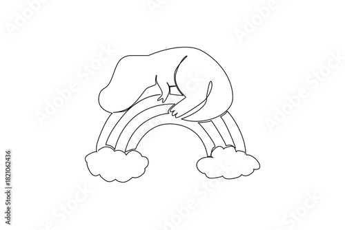 A sleepy dinosaur curls on a rainbow with clouds in single line drawing, great for kids theme with a animal concept, uniting prehistoric charm, fantasy, imagination, and cozy nursery decor.​ Cute dino