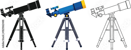 Set of three telescope illustrations in silhouette, color, and outline style for astronomy concept