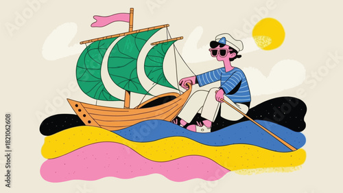 A vintage style illustration of a sailor at the helm of a grand sailing ship featuring large billowing sails perfect for nautical themes and maritime advertisements