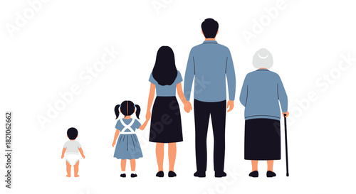 Generations holding hands illustrate the journey of life from infancy to old age, showing family bonds and aging beautifully together
