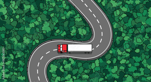 Truck driving through winding mountain road surrounded by lush green forest canopy, showcasing transportation and logistics in nature