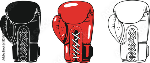 Set of three boxing gloves in different styles black silhouette, red color, and outline