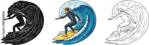Set of three illustrations depicting a surfer riding a large ocean wave in color, black silhouette, and line art style