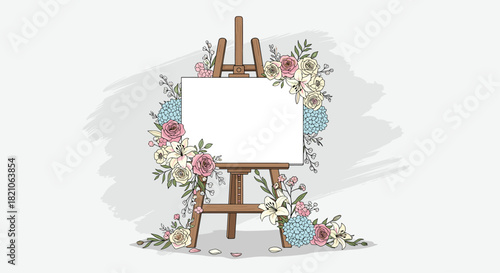 Elegant floral frame with blank canvas easel, perfect for your wedding invitations and creative design projects, offering endless possibilities