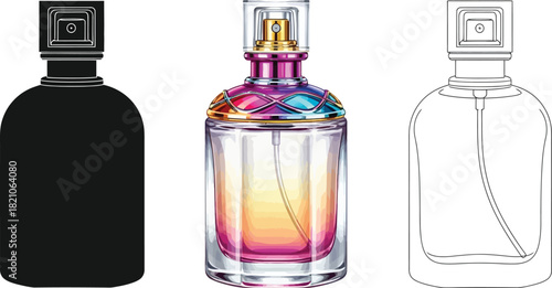 Three variations of a perfume bottle design including a solid black silhouette, a colorful gradient glass bottle, and a line art outline