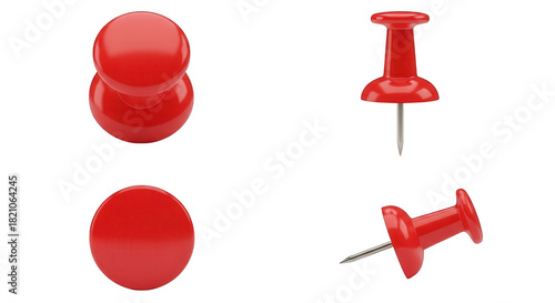 Four views of a red push pin isolated on transparent background