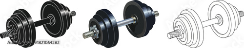 Set of three adjustable dumbbells in different styles, including solid black, shaded, and outline drawing