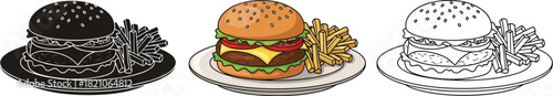 Set of three hamburger and french fries illustrations in color, black silhouette, and outline style