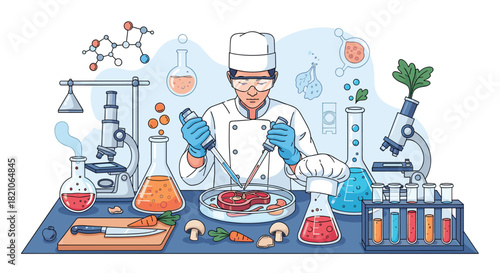 Innovative food scientist researching lab-grown meat alternatives in modern laboratory with advanced scientific equipment and fresh ingredients
