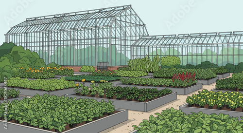 The vibrant greenhouse garden with lush plants and flowers for your botanical projects or designs, a unique and inspiring scene