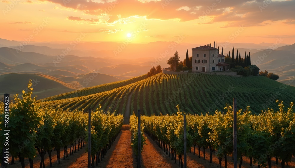 Naklejka premium Tuscan villa sits atop hill overlooking vast vineyard at golden sunrise. Sunlight illuminates rolling hills, grapevine rows. Scenic agricultural landscape of rural Italy shows peaceful farmhouse,