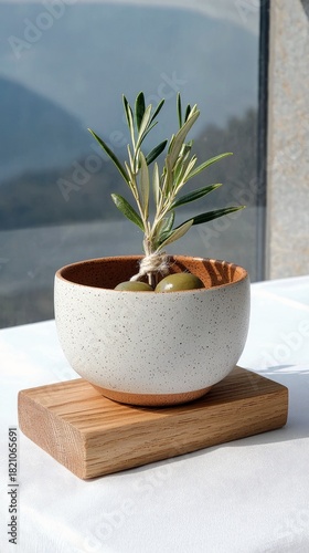 A small potted olive tree with green olives sits on a wooden base, placed on a white tablecloth. The scene is lit by natural light coming from a window.
